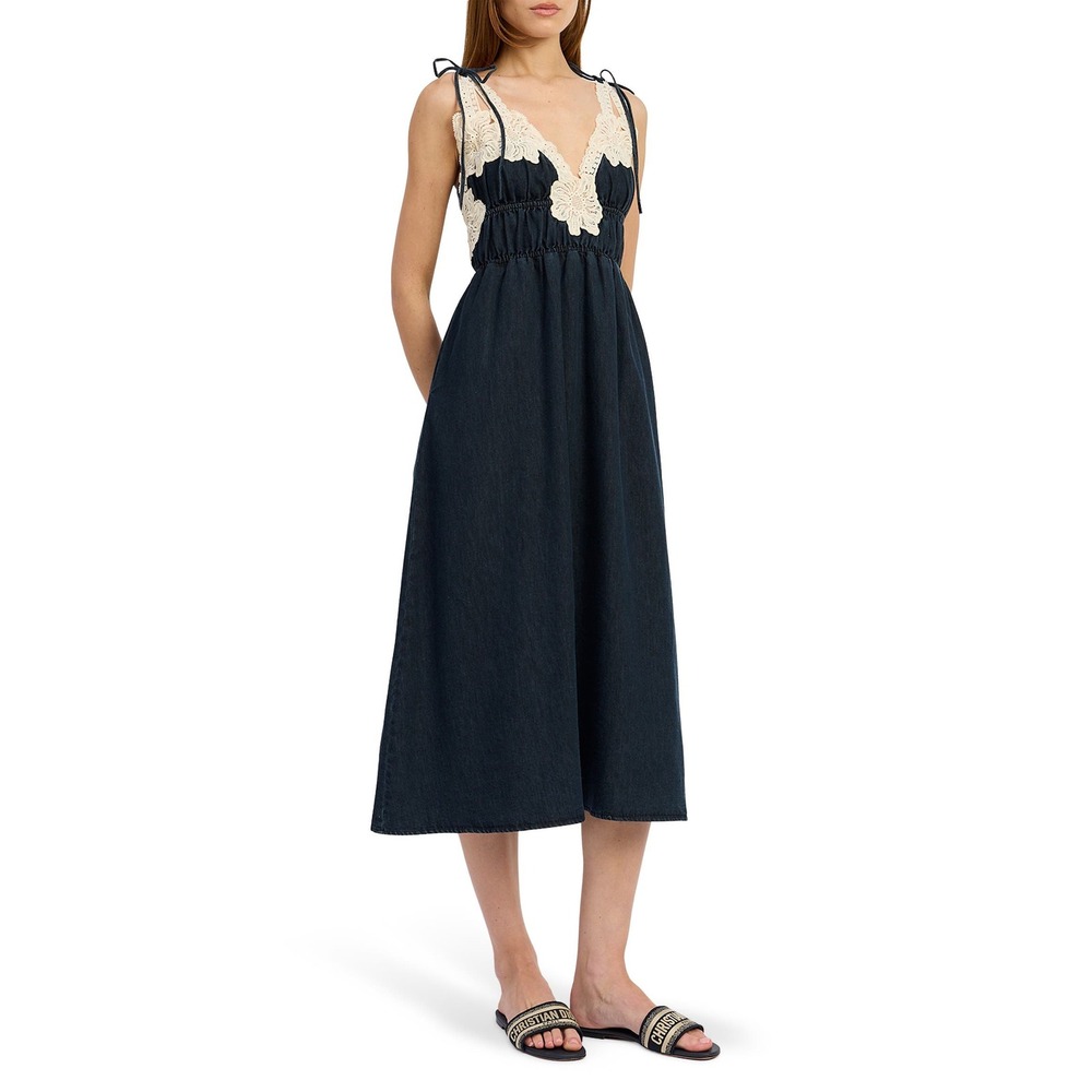Tuckernuck En Saison Denim Midi Dark Wash Crochet Lace Trim Smocked Waist NwoT M